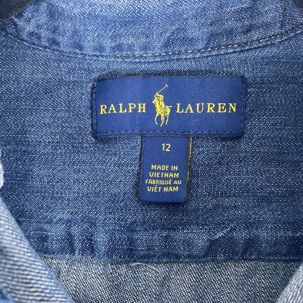 Ralph Lauren Denim Shirt Dress Girls 12 Blue Long Sleeve Fit & Flare Pony Logo